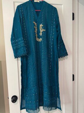 Azure Teal Embroidered 3-Piece Pakistani Suit – Size Medium